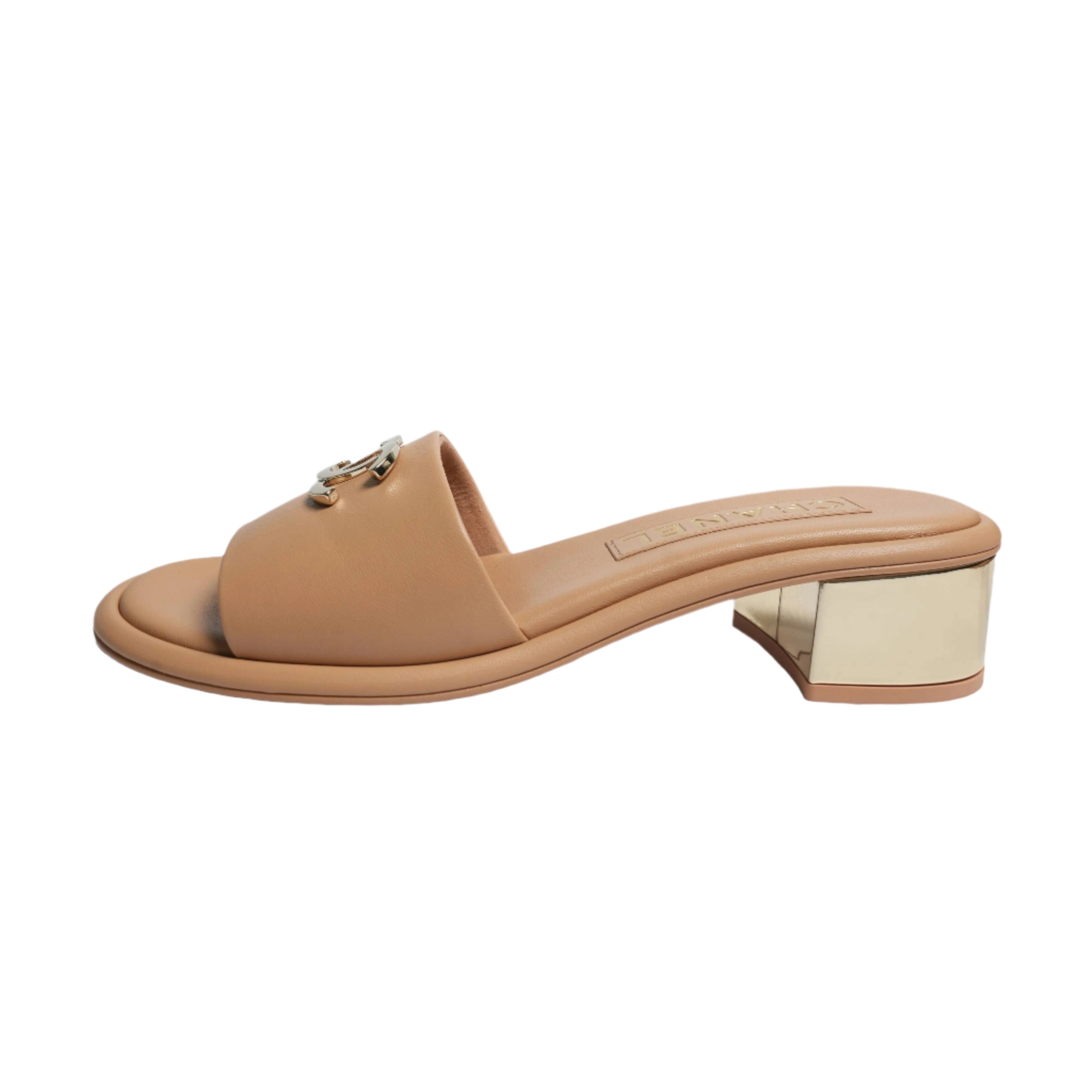 Chanel Metallic Heel Slide Sandals – Beige & Gold