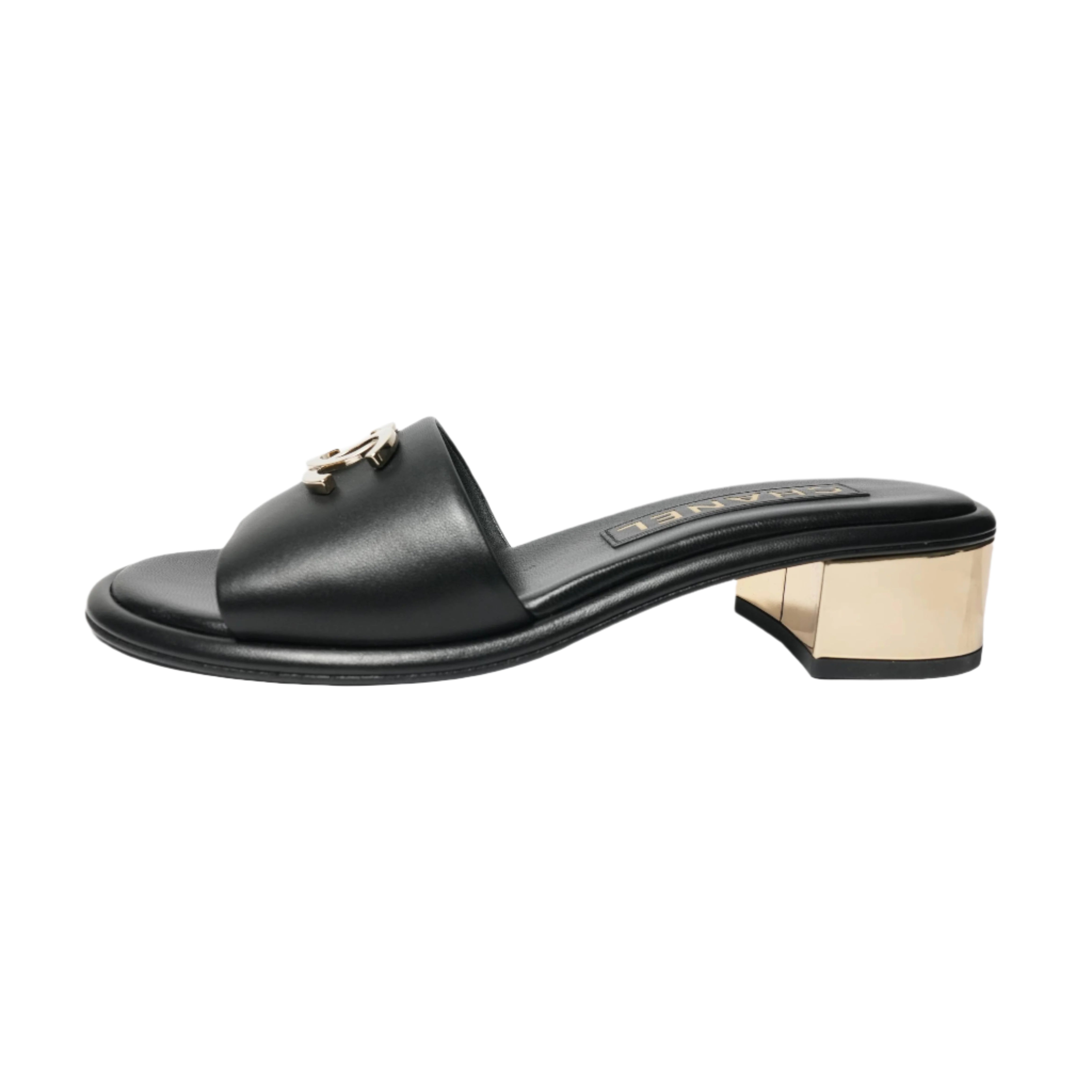 Chanel Metallic Heel Slide Sandals – Black & Gold