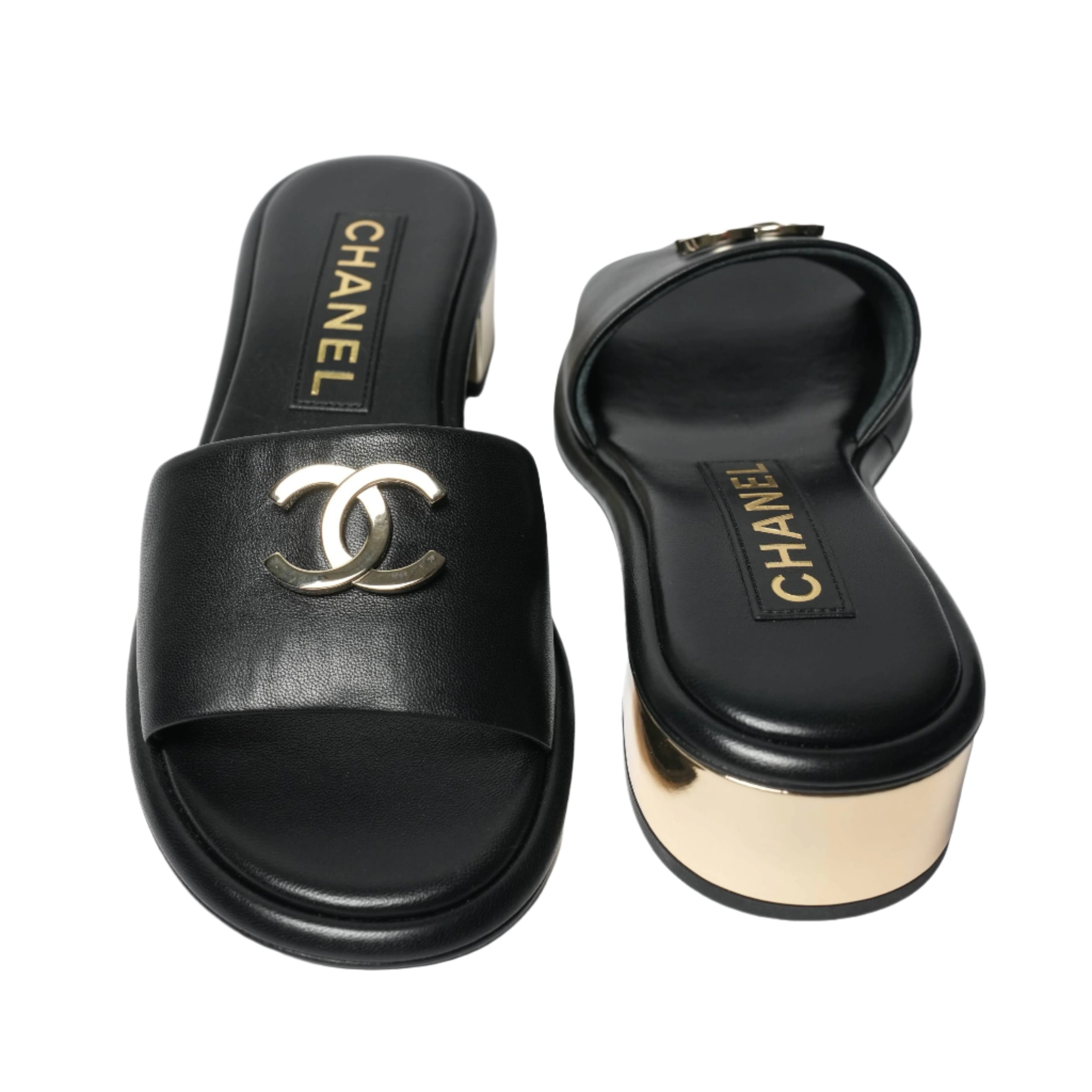 Chanel Metallic Heel Slide Sandals – Black & Gold