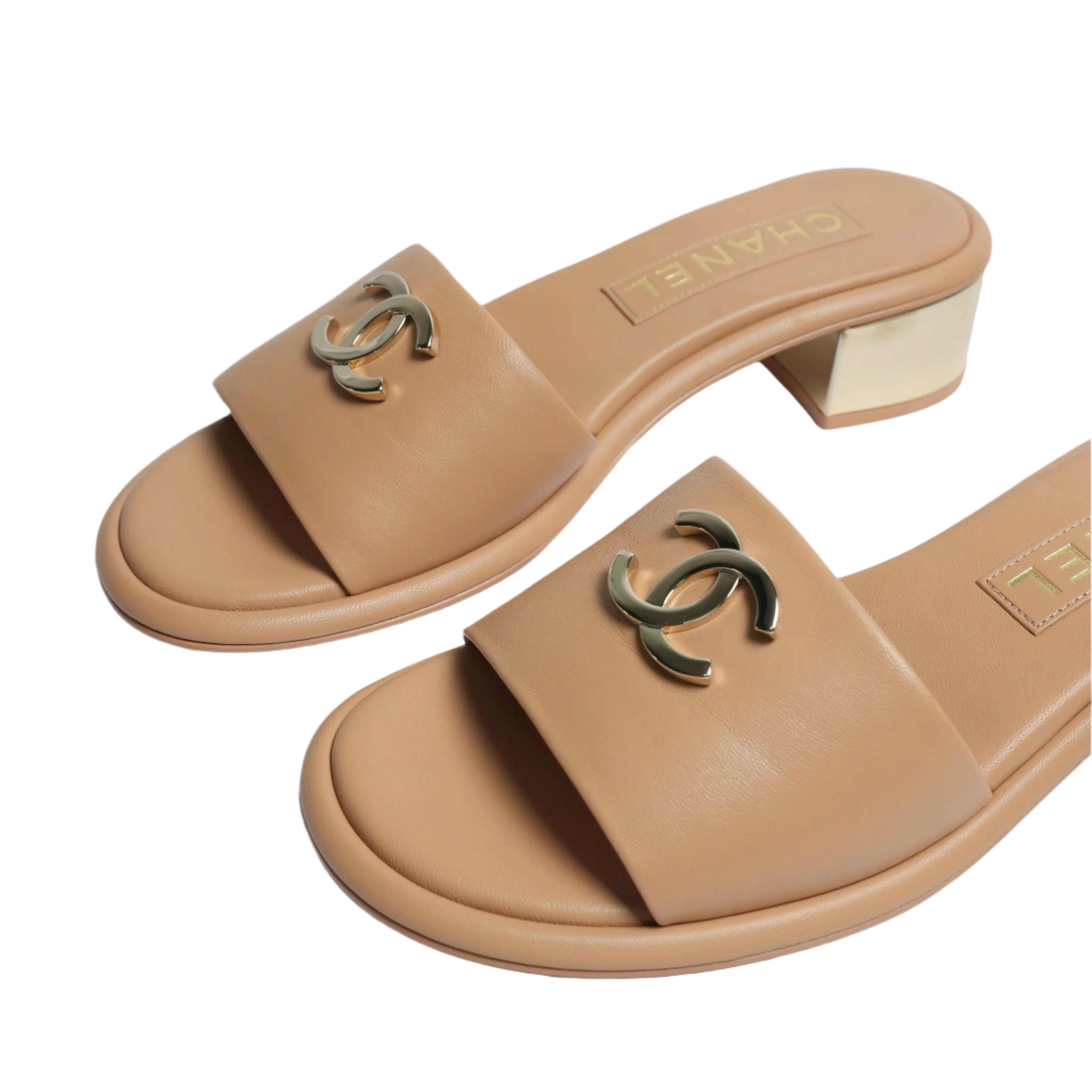 Chanel Metallic Heel Slide Sandals – Beige & Gold