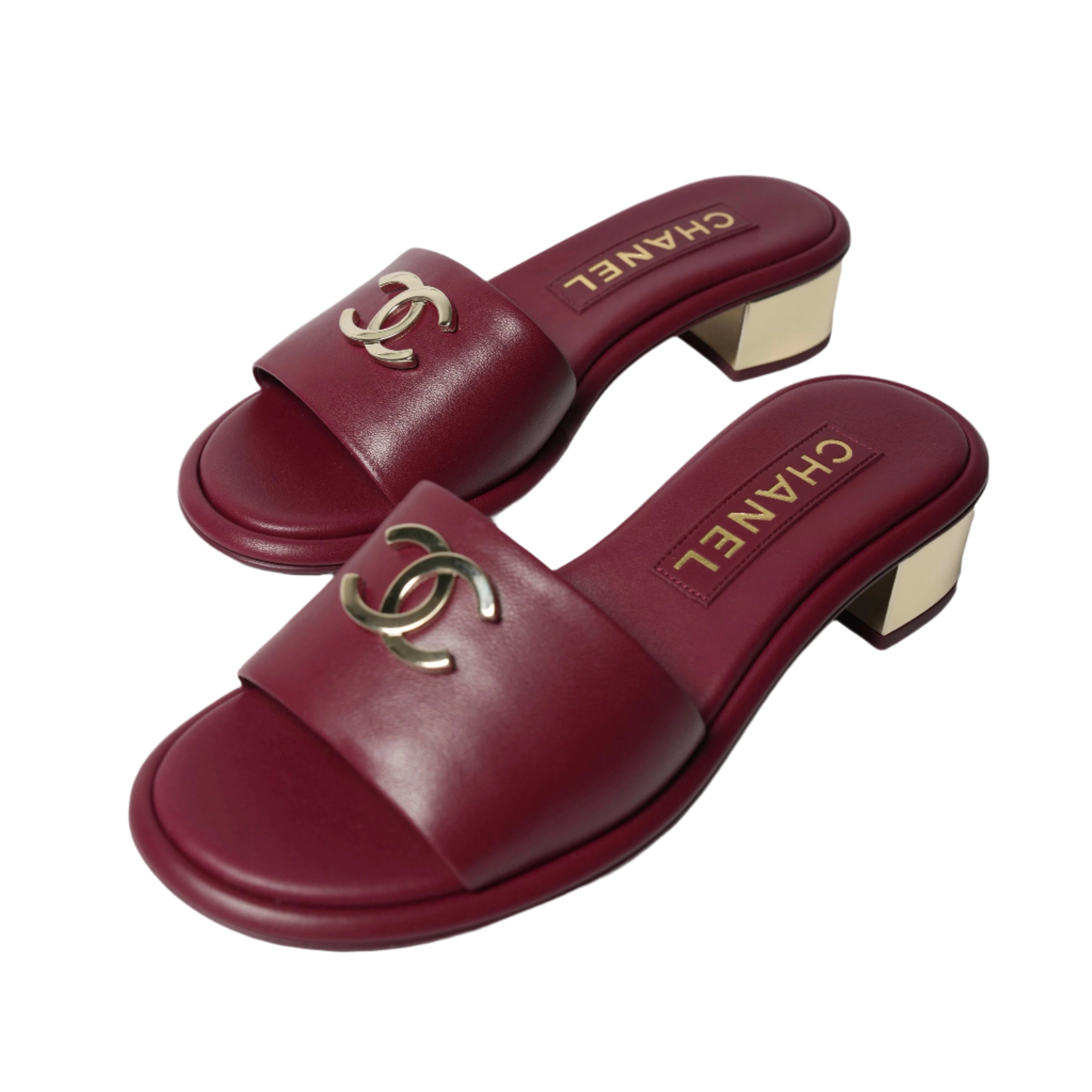 Mules,Gold Heel with Gold Front Logo by Chanel