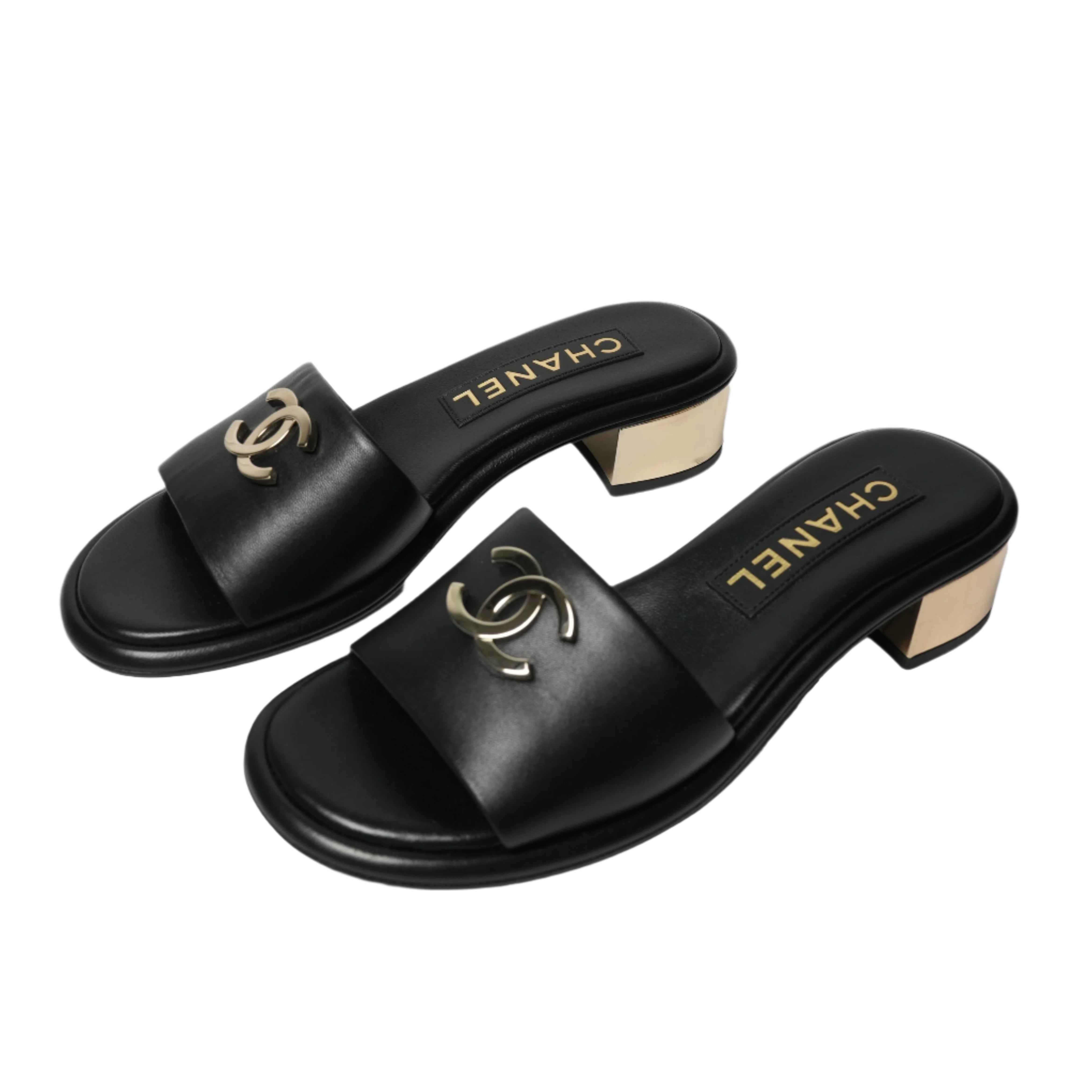 Chanel Metallic Heel Slide Sandals – Black & Gold