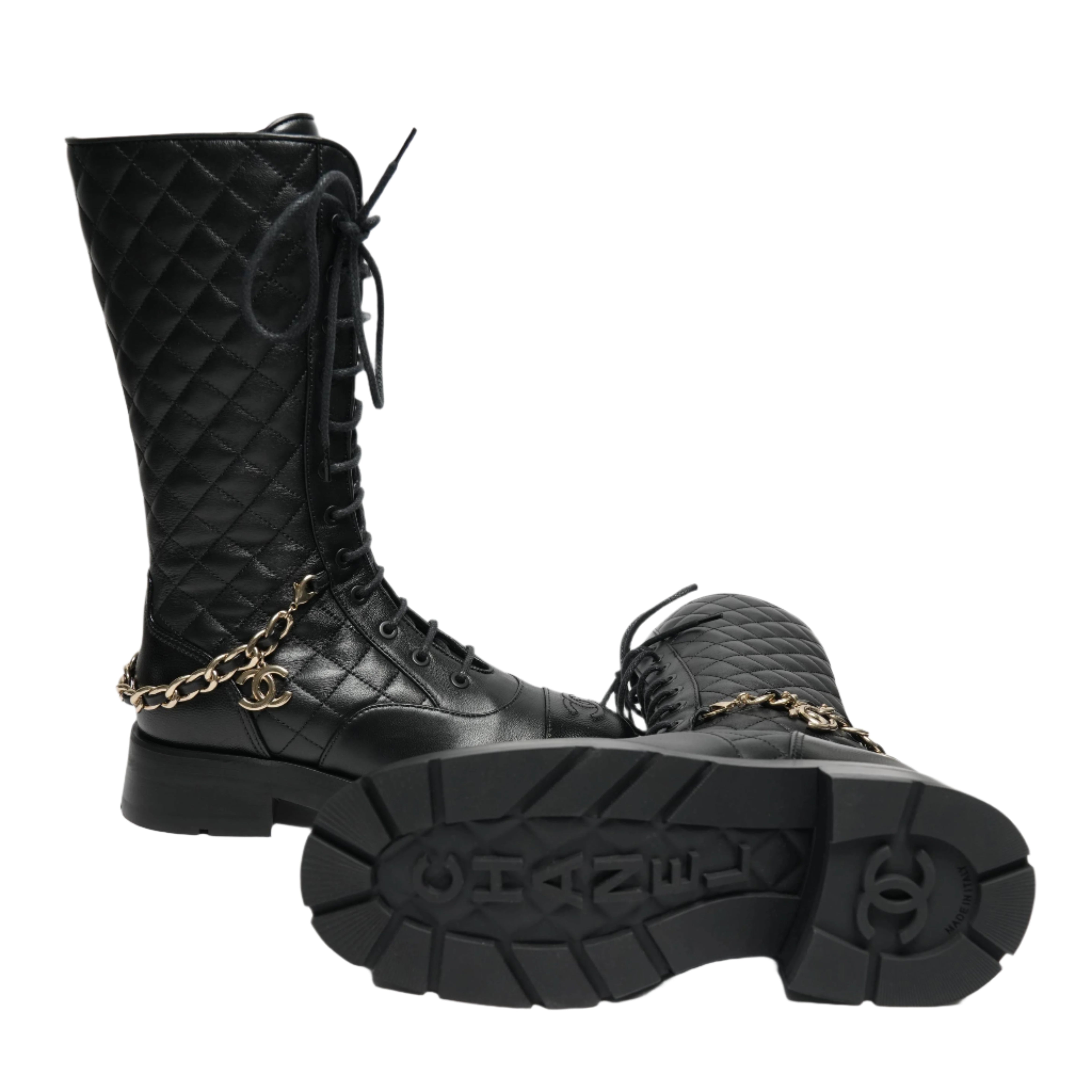 Chanel Black Leather Chain Detail Combat Boots