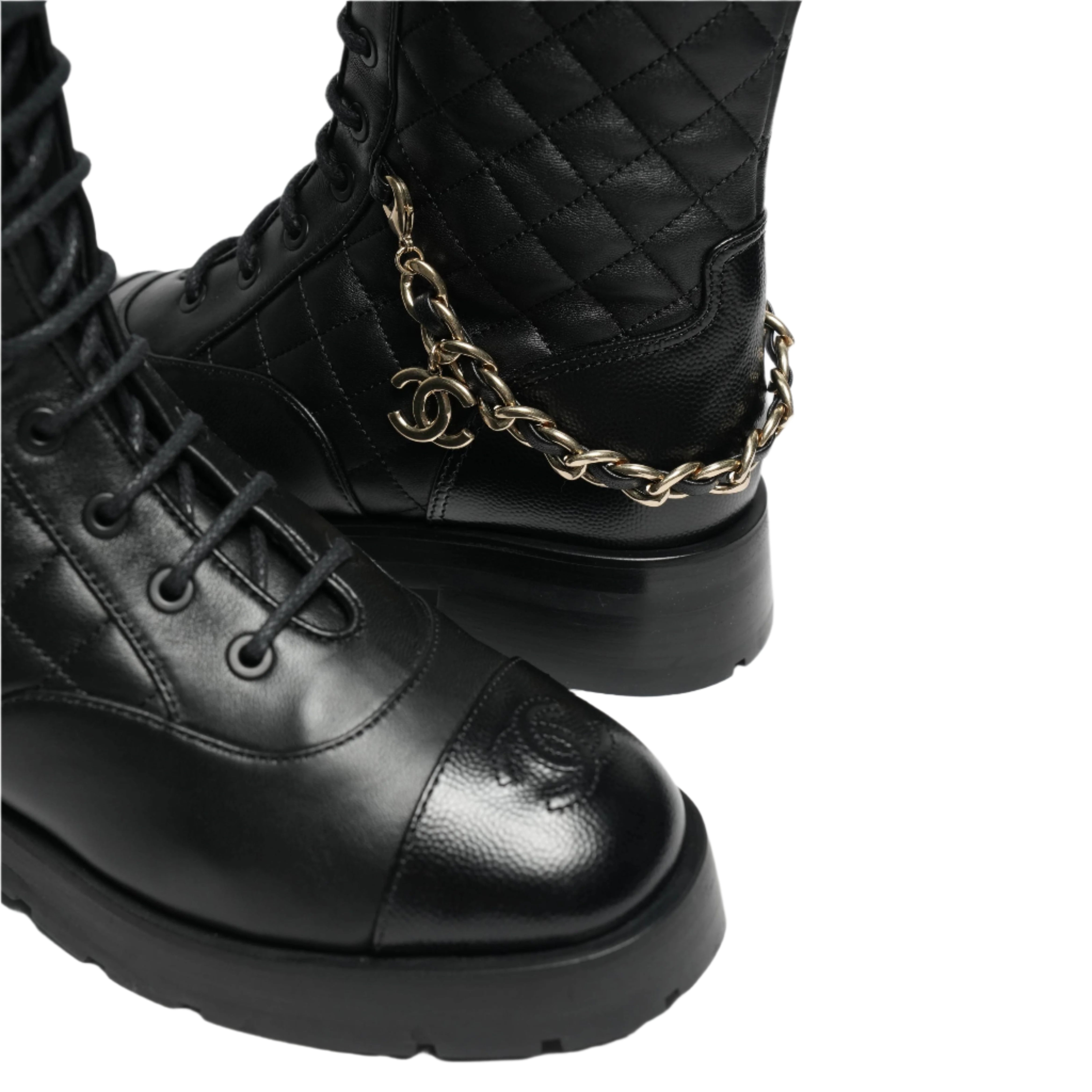 Chanel Black Leather Chain Detail Combat Boots