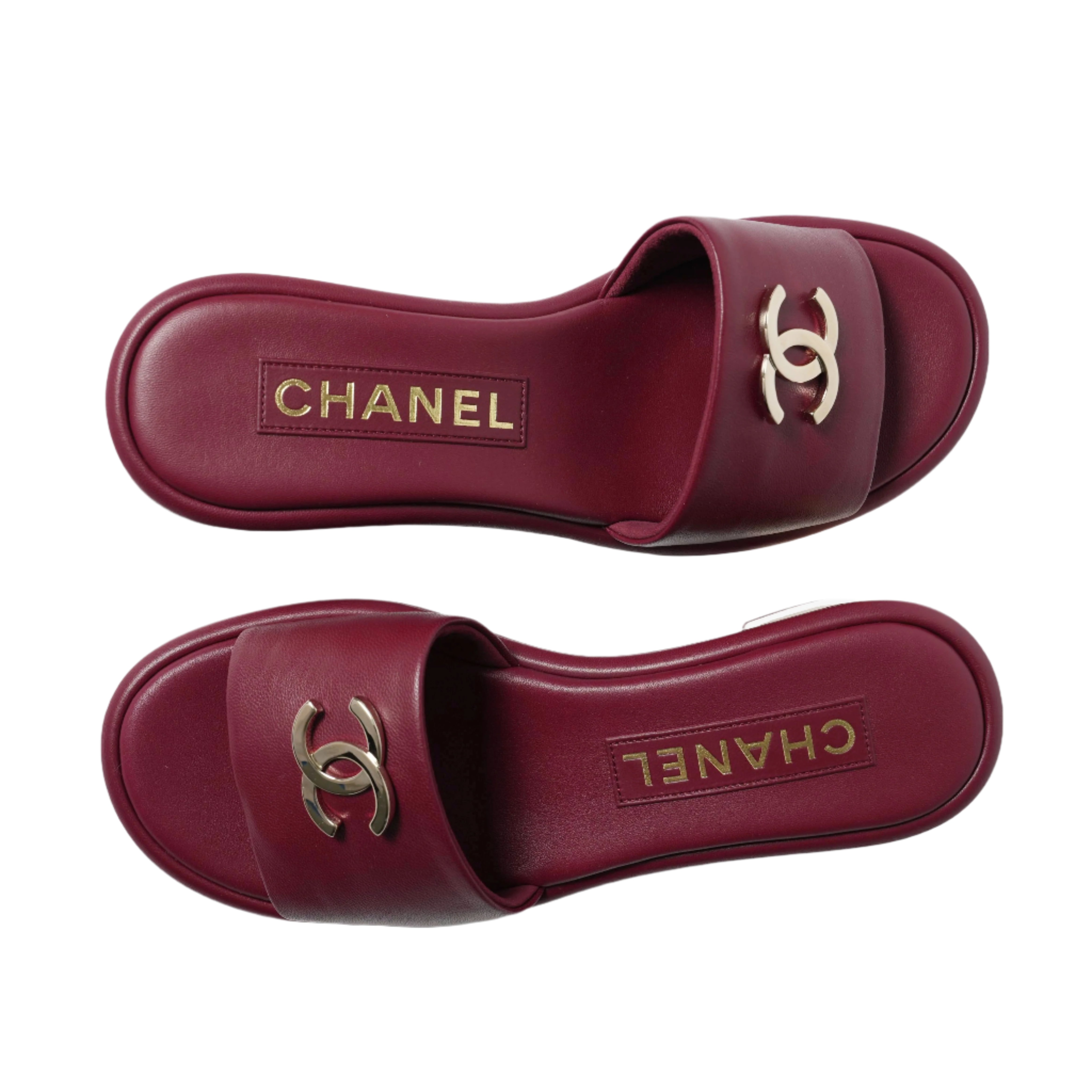 Mules,Gold Heel with Gold Front Logo by Chanel
